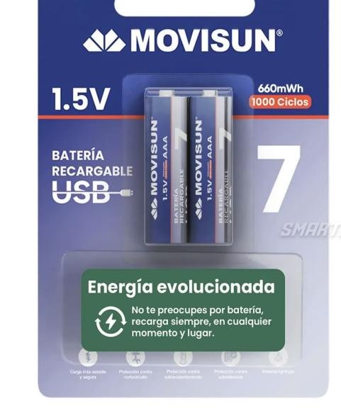 Batería Recargable USB AAA y AA Movisun RB3A
